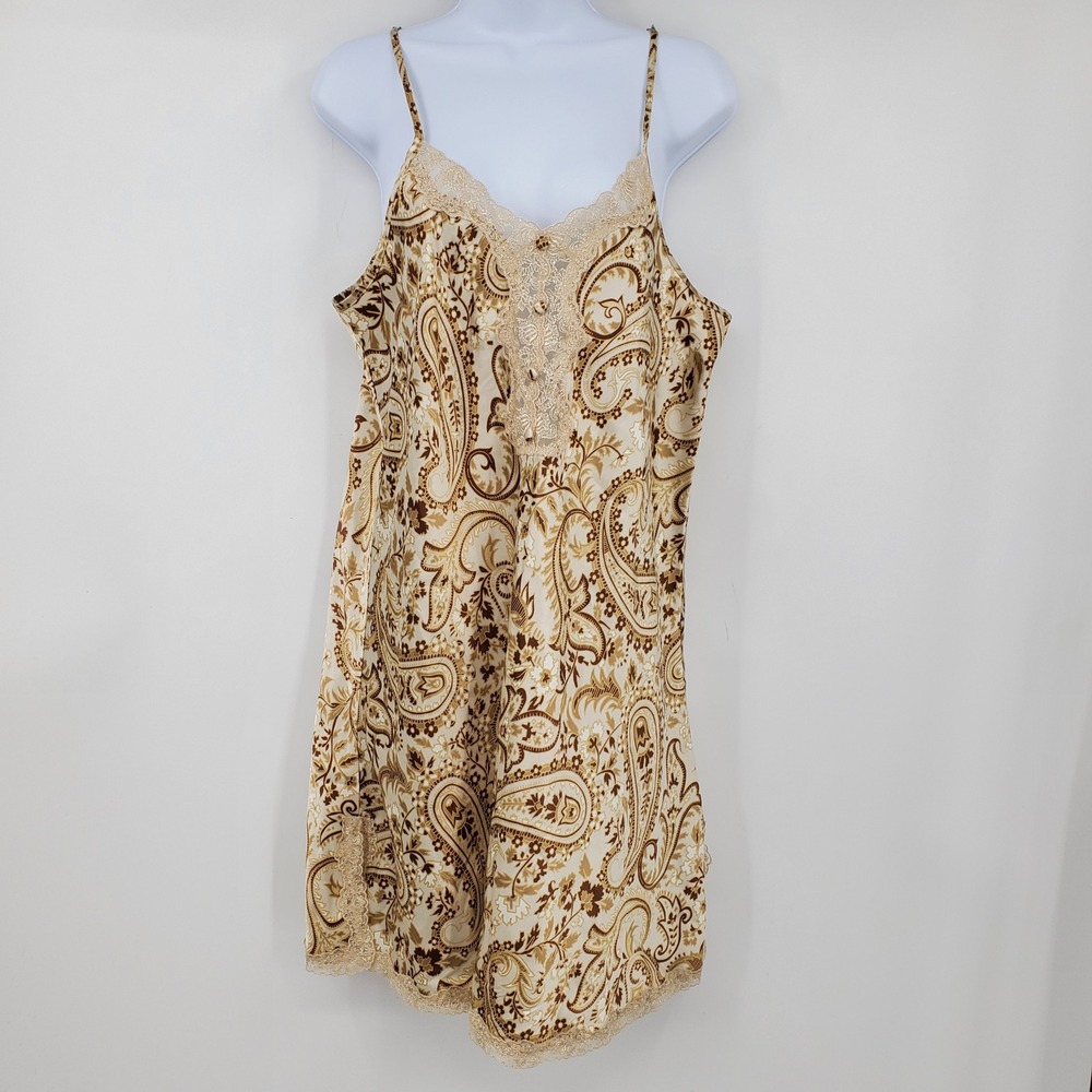 Jaclyn Smith Sleepwear Paisley Satin Chemise Lace Trim Nightgown XL Brown Y2K